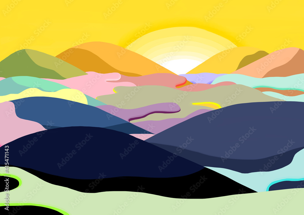 朝日に照らされたカラフルで抽象的な山と雲と空の風景画背景イラスト Stock イラスト Adobe Stock