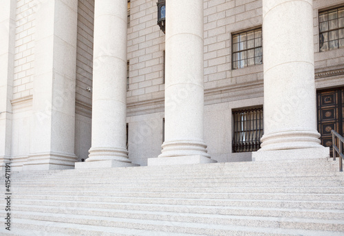 The exterior of a municipal or government building or courthouse.