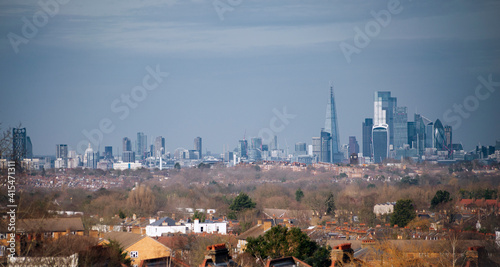 London, UK - February 20th 2021: View of the London skyline from Norwood Park 