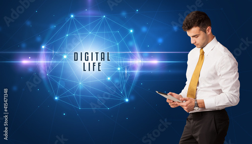 Businessman thinking about security solutions with DIGITAL LIFE inscription