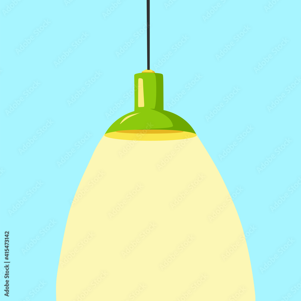 Obraz premium Modern ceiling lamp in cartoon style. A chandelier hanging on a cable with the light on. An element of a modern interior. Vector illustration.