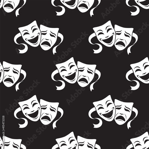 seamless pattern with comedy and tragedy theatrical masks on black background