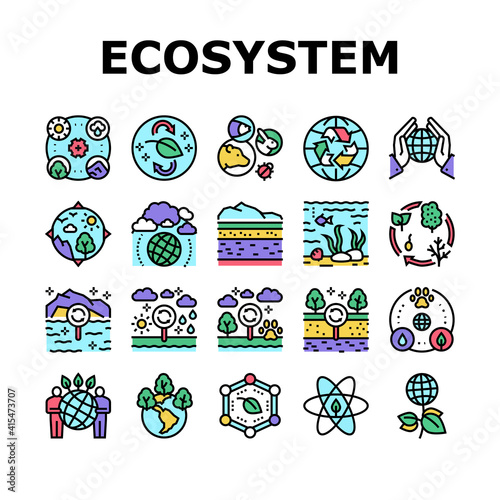 Ecosystem Environment Collection Icons Set Vector. Ecosystem And Ecology, Biodiversity And Life Cycle, Biosphere And Atmosphere Concept Linear Pictograms. Contour Color Illustrations