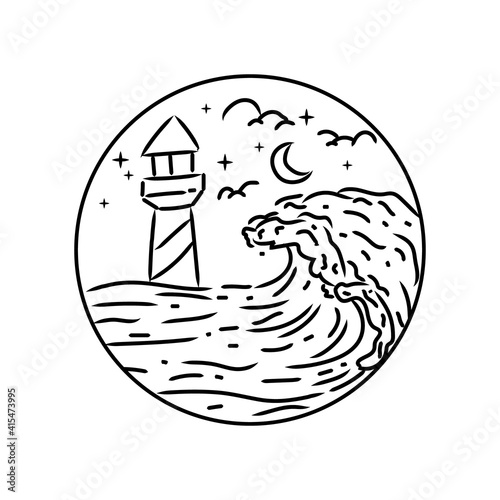 Lighthouse and wave beach monoline design vector