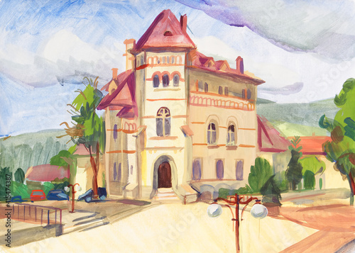 Landscape painted with gouache on paper. Etude sketch performed in the open air. Romania, Piatra Neamt. Town square. Cucuteni Museum. Old center photo