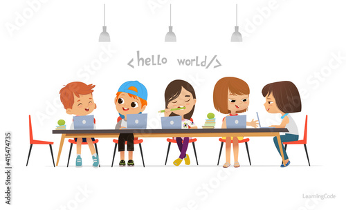 Happy children sitting at laptops and learning programming during school lesson, smiling teacher standing near them. Coding for kids concept. Vector illustration for website, advertisement, poster.