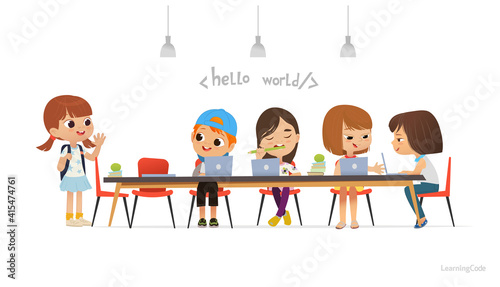 New pupil greeting classmates sitting at table. Happy African American children sitting at laptops and learning programming during school lesson. Coding for kids concept. Vector illustration for