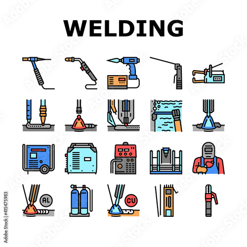 Welding Machine Tool Collection Icons Set Vector. Welding Equipment And Electrodes, Manual Arc And Plasma, Electroslag And Spot Concept Linear Pictograms. Contour Color Illustrations