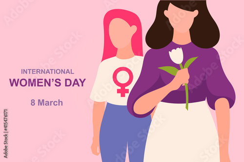 International Women's Day. March 8. Woman portrait. Vector flat illustration. Feminism. Horizontal banner. EPS 10. 
