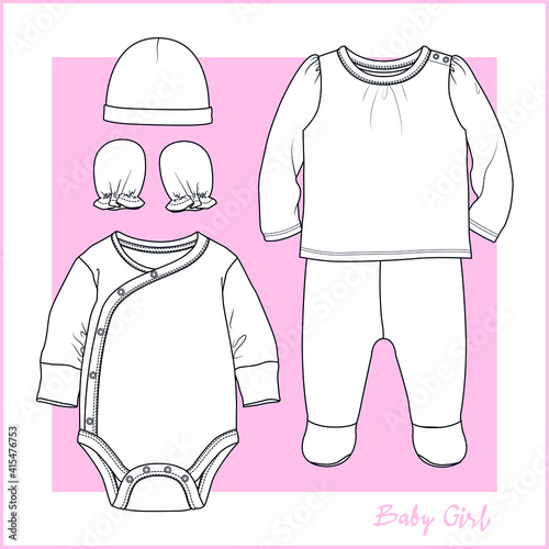 Baby girl clothing design. Baby wear flat sketch. vector illustration.