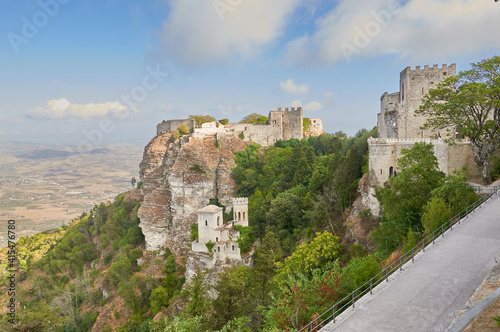 Tourists visit the Castello di Venere, is a medieval and Norman castle located in Erice, Trapani, Sicily, Italy