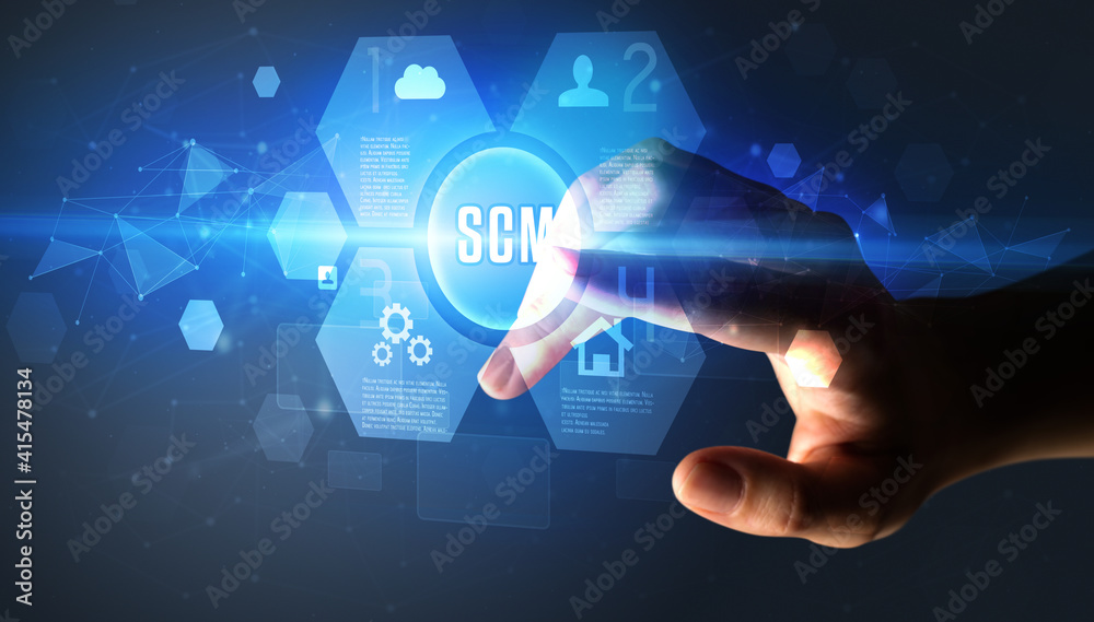 Hand touching SCM inscription, new technology concept Hand touching SCM inscription, new technology concept