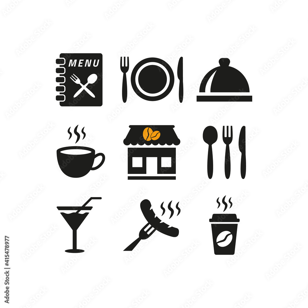 Restaurant and cafe icons set on white background. Restaurant and cafe icons set on white background.