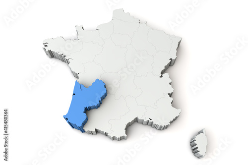 Map of France showing Aquitaine region. 3D Rendering