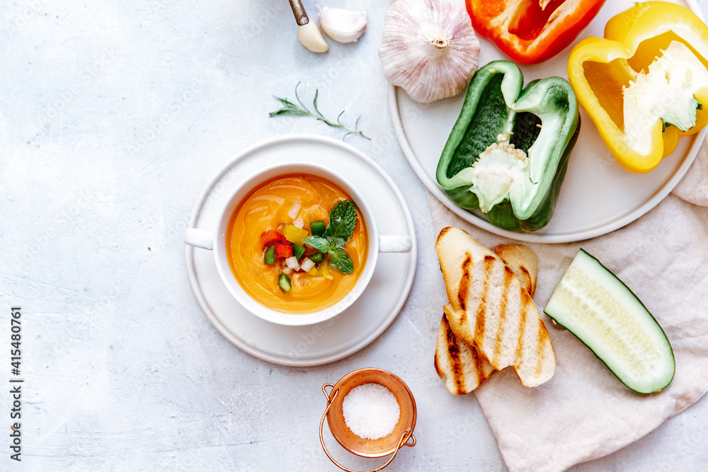 Fresh gazpacho, tomato soup, cold summer food Fresh gazpacho, tomato soup, cold summer food