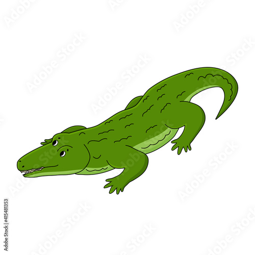 Vector Cartoon happy outline green crocodile. Animal is isolated on white background.