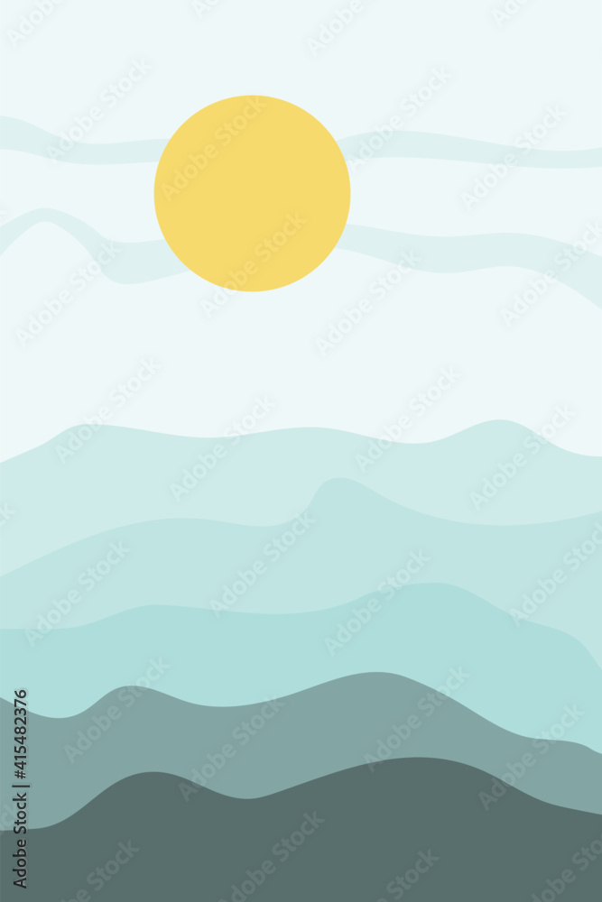 Landscape poster in minimalist style, with sea or ocean waves, with sun in the sky in blue and turquoise colors. Nature banner in boho flat style. Vector abstract art image, landscape background.