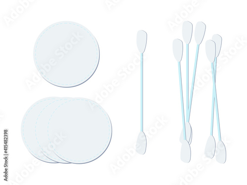 Set of hygiene items - cotton pads and ear sticks. Pads for cleansing face, cotton swabs for cleaning ears. Hygiene products, cleanliness of the skin, separate elements isolated on white background.