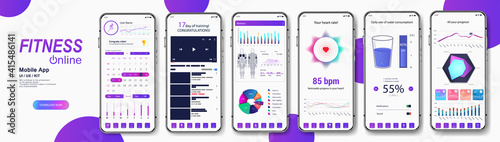 Fitness and medical App mockup for UI, UX, GUI. Smartphone screens with Fit application interface - healthy lifestyle concept (fitness, workout, drinking water with graphic and charts). Fitness UI app