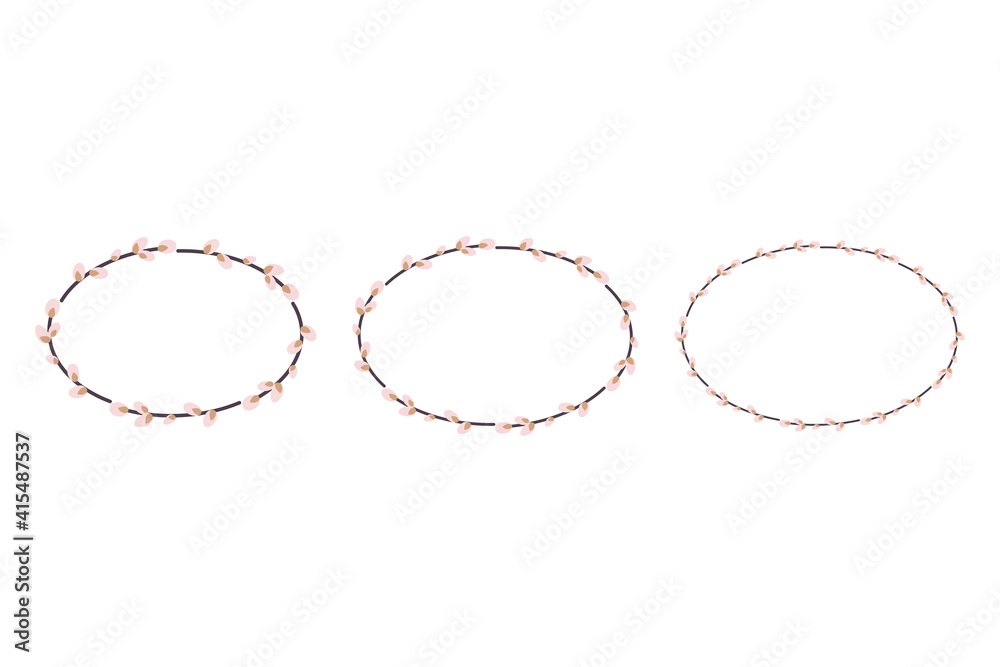 Collection of Easter willow wreaths. Oval wreath of willow stems.Vector flat illustration isolated on a white background. Design for invitations, postcards, and printing. Collection of Easter willow wreaths. Oval wreath of willow stems.Vector flat illustration isolated on a white background. Design for invitations, postcards, and printing.
