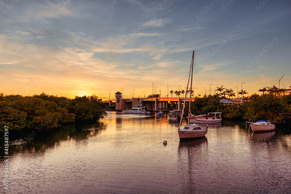 Boats at anchor in a cove in Jupiter Florida.