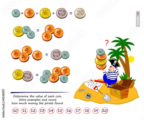 Math logic puzzle game for smartest. Determine the value of each coin. Solve examples and count how much money the pirate found. Page for brain teaser book. Play online. Memory training for seniors.