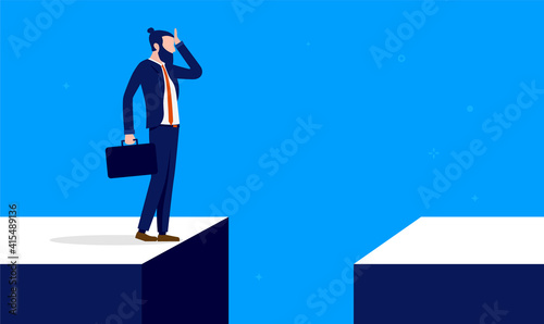 Businessman facing challenge - Doubtful man on edge of gap scratching his head wondering how to deal with challenging situation. Business problem concept. Vector illustration.