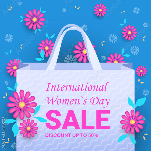 womens day 8 march international holiday celebration sale banner flyer or greeting card with flowers and shopping bag vector illustration
