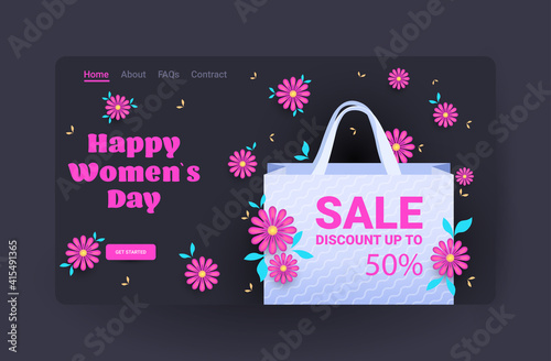 womens day 8 march international holiday celebration sale banner flyer or greeting card with flowers and shopping bag horizontal vector illustration