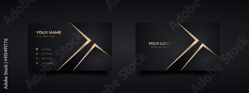 Luxury dark business card logo mockup with modern gold embossed and debossed effect. Vector elegant cards golden design template.
