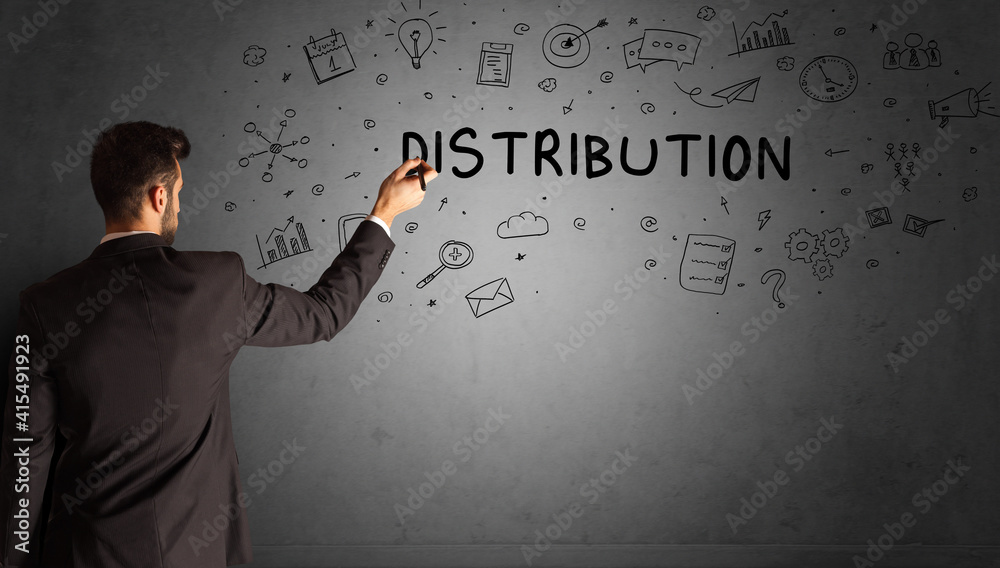 businessman drawing a creative idea sketch with DISTRIBUTION inscription, business strategy concept businessman drawing a creative idea sketch with DISTRIBUTION inscription, business strategy concept