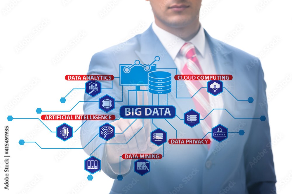 Big data concept with businessman pressing virtual button Big data concept with businessman pressing virtual button