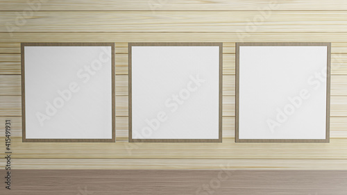 The blank picture frame on wood wall for background content 3d rendering..