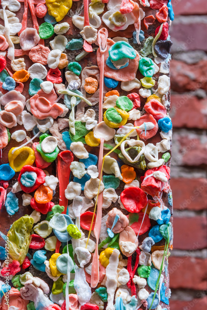 Gum Wall detail shows a sticky mess left by chewing tourists and locals forming a patchwork of artistic colors