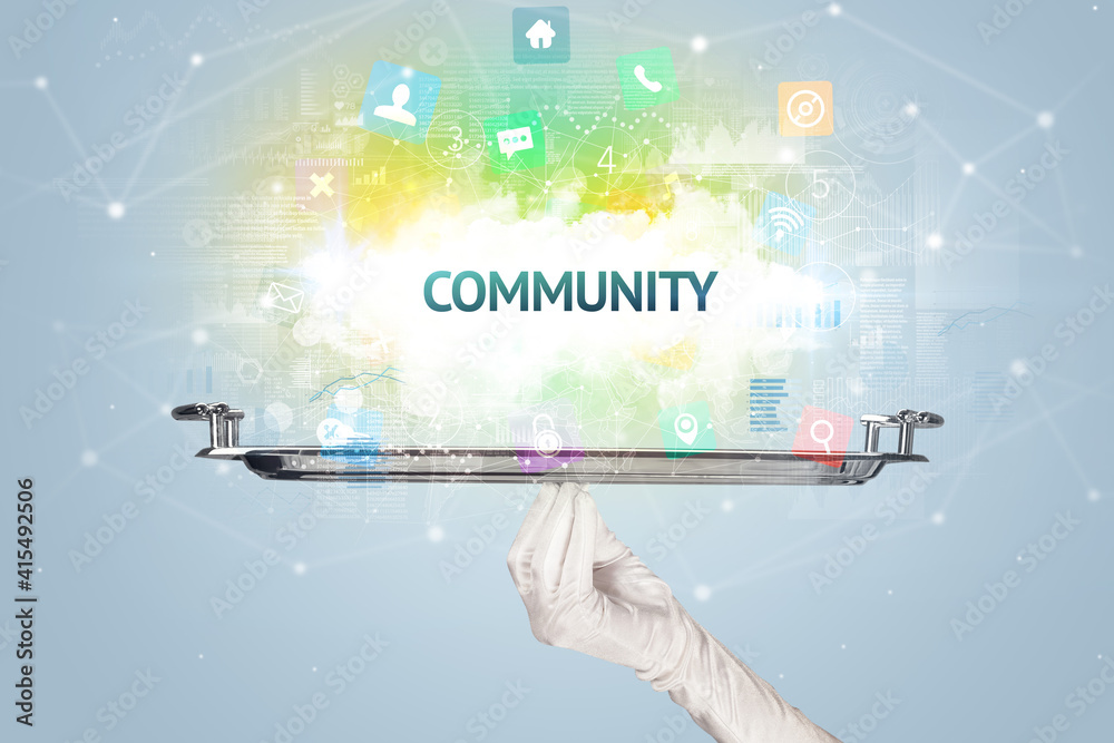 Waiter serving social networking concept with COMMUNITY inscription Waiter serving social networking concept with COMMUNITY inscription