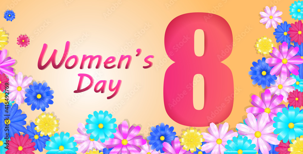 womens day 8 march holiday celebration banner flyer or greeting card with flowers and number eight horizontal vector illustration