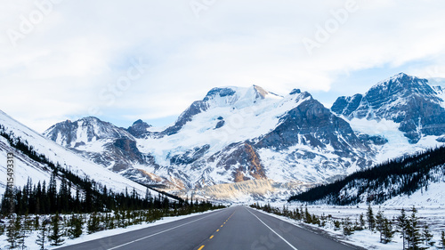 Scenic winter view of the Icefields parkway (Highway 93) in Alberta, Canada