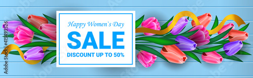womens day 8 march holiday celebration sale banner flyer or greeting card with flowers horizontal vector illustration