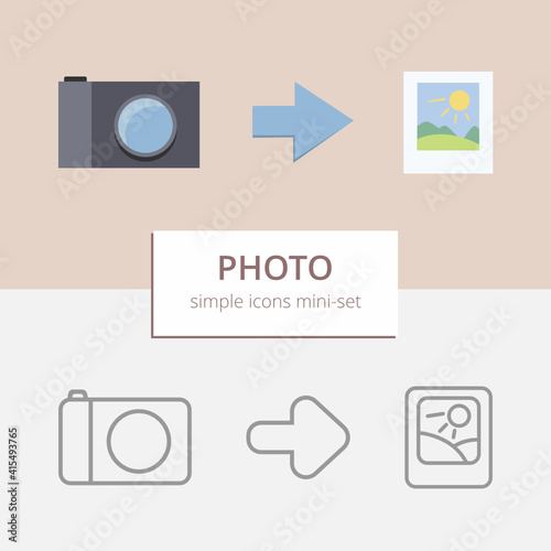 Photo icons - three simple icons (photo camera, arrow and photograph) in color and outline.