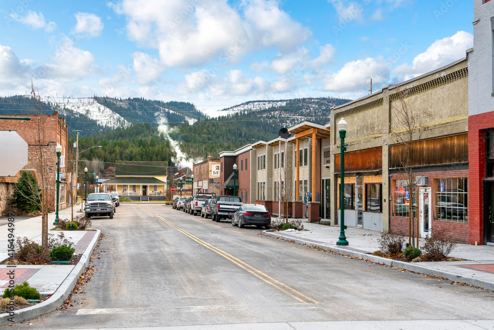 The northwest American historical lumber town of Priest River, Idaho, at winter with snow, in the north panhandle area of Idaho, USA