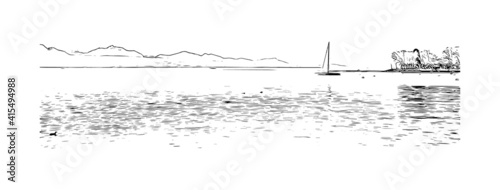 Building view with landmark of Lausanne is the
city in Switzerland. Hand drawn sketch illustration in vector.