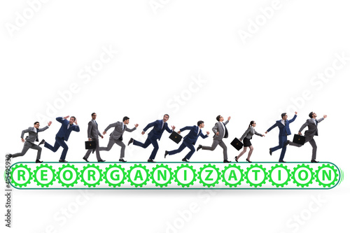 Concept of conveyor belt with reorganisation and businessmen