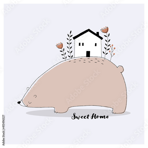 Hand drawn bear, little house and flowers on the back. Doodle style vector illustration.