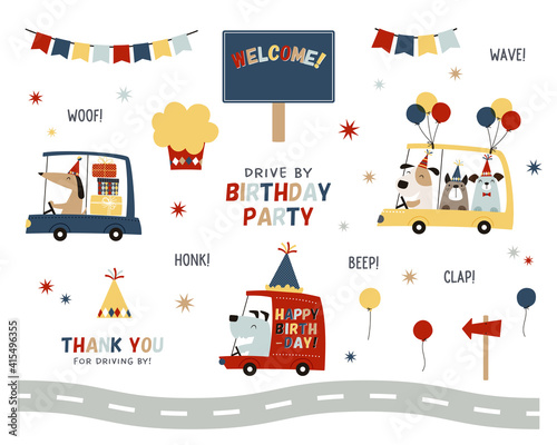 Collection of design elements for drive by birthday party. Cute and whimsical dog characters driving car, big cupcake, party hat, balloons, colorful garlands, welcome sign, and more.
