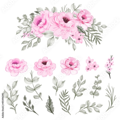 set isolated watercolor flower pink and leaf