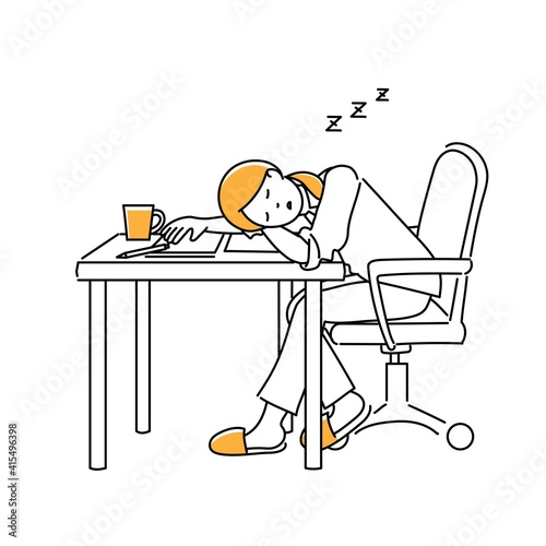 疲れて机で寝ている女性のシンプルなイラスト