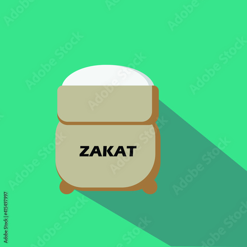 A vector of rice racksack with zakat word on green background.