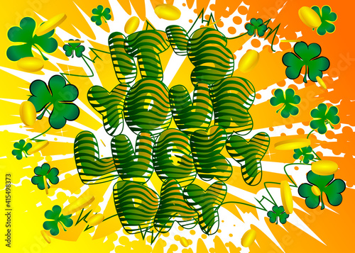 Luck related comic book style poster, banner, template. Cartoon style explosion background, raining clovers and gold, golden coins.
