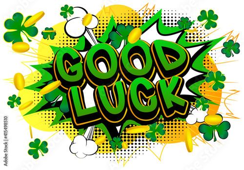 Luck related comic book style poster, banner, template. Cartoon style explosion background, raining clovers and gold, golden coins.