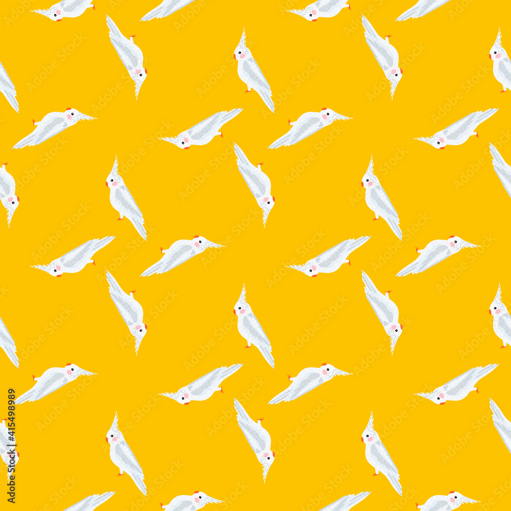 Geometric seamless pattern with white cockatoo parrot exotic bird print. Yellow bright backdrop. Geometric seamless pattern with white cockatoo parrot exotic bird print. Yellow bright backdrop.